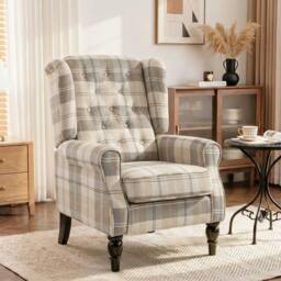 Rackhams Accent Chair Wingback Armchair Retro Tufted, Khaki Plaid - thumbnail 1