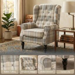 Rackhams Accent Chair Wingback Armchair Retro Tufted, Khaki Plaid - thumbnail 4