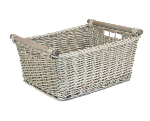 Rackhams Grey Wash Wooden Handled Wicker Storage Basket - Grey - Wicker - Extra Large - image 1