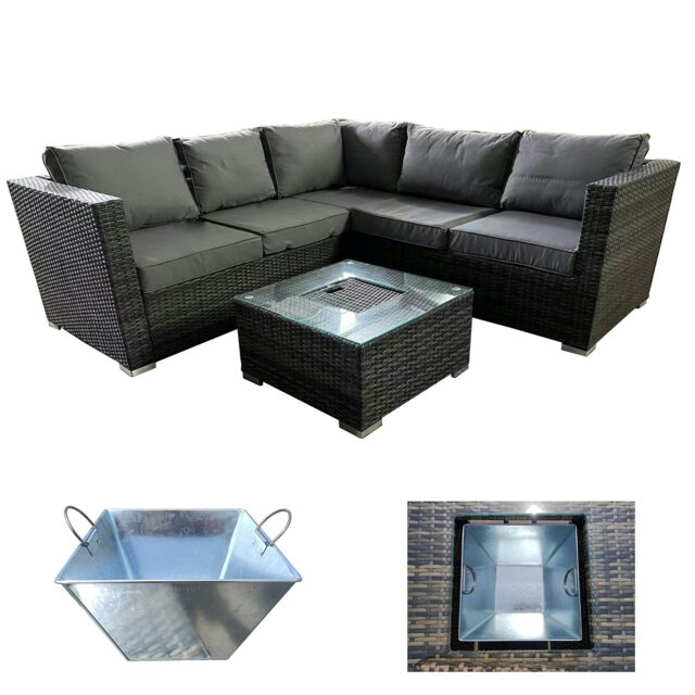 Rackhams Garden Rattan Patio Corner 5 Seater Sofa with Ice Bucket Coffee Table, Padded Wicker Patio All Weather Set - Gray - image 1
