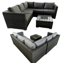 Rackhams Garden Rattan Patio Corner 5 Seater Sofa with Ice Bucket Coffee Table, Padded Wicker Patio All Weather Set - Gray - thumbnail 5
