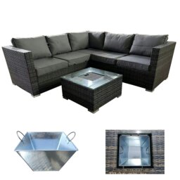 Rackhams Garden Rattan Patio Corner 5 Seater Sofa with Ice Bucket Coffee Table, Padded Wicker Patio All Weather Set - Gray - thumbnail 1