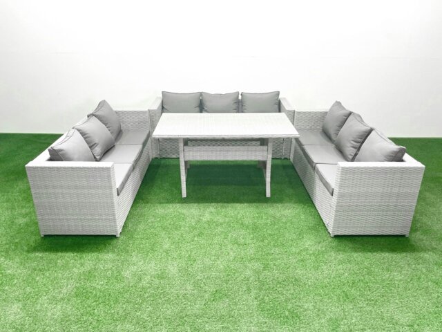 Rackhams Rattan Garden Outdoor Furniture Set 9 Seater Garden Sofa Rectangulr Dining Table Set Light Grey Mixed - image 1
