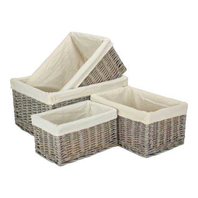 Rackhams Grey Wash White Cotton Lined Willow Storage Baskets - Set of 4 - Wicker - 4