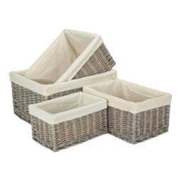 Rackhams Grey Wash White Cotton Lined Willow Storage Baskets - Set of 4 - Wicker - 4