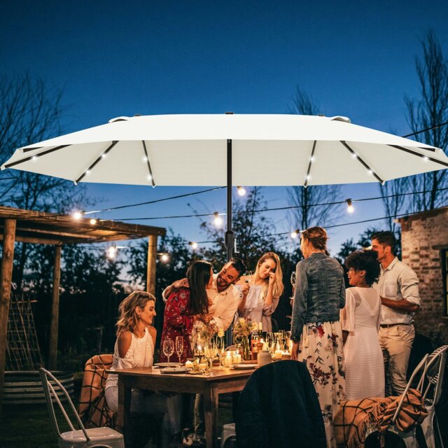 Rackhams 4.4m Double-Sided Sun Umbrella Garden Parasol Patio Sun Shade Outdoor with LED Solar Light, NO BASE INCLUDED, Khaki - Cream White - 2.56m x 4.4m x 2.4m - image 1