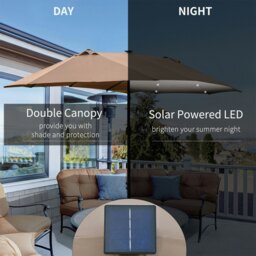 Rackhams 4.4m Double-Sided Sun Umbrella Garden Parasol Patio Sun Shade Outdoor with LED Solar Light, NO BASE INCLUDED, Khaki - Cream White - 2.56m x 4.4m x 2.4m - thumbnail 4