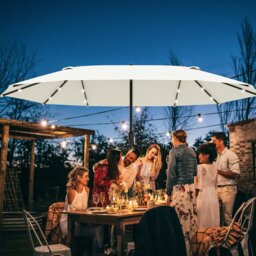 Rackhams 4.4m Double-Sided Sun Umbrella Garden Parasol Patio Sun Shade Outdoor with LED Solar Light, NO BASE INCLUDED, Khaki - Cream White - 2.56m x 4.4m x 2.4m - thumbnail 1