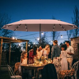 Rackhams 4.4m Double-Sided Sun Umbrella Garden Parasol Patio Sun Shade Outdoor with LED Solar Light, NO BASE INCLUDED, Khaki - Cream White - 2.56m x 4.4m x 2.4m - thumbnail 2
