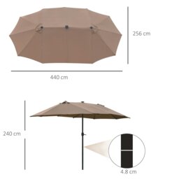 Rackhams 4.4m Double-Sided Sun Umbrella Garden Parasol Patio Sun Shade Outdoor with LED Solar Light, NO BASE INCLUDED, Khaki - Cream White - 2.56m x 4.4m x 2.4m - thumbnail 6