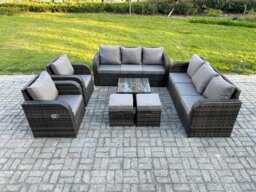 Rackhams High Back Rattan Garden Furniture Set with Square Coffee Table 2 Small Footstools Indoor Outdoor Patio Lounge Sofa Set Dark Grey Mixed - thumbnail 2