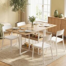 Rackhams Folding Dining Table, Drop Leaf Table w/ Open Compartments - Natural