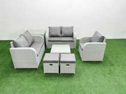 Rackhams High Back Rattan Garden Furniture Set with Reclining Chair, Loveseat Sofa, Square Coffee Table, 2 Stools, Side Table - Light Grey - thumbnail 1