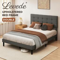 Rackhams Bed Frame Upholstered Linen Headboard Tufted Wooden Slat Double Size Grey - thumbnail 2