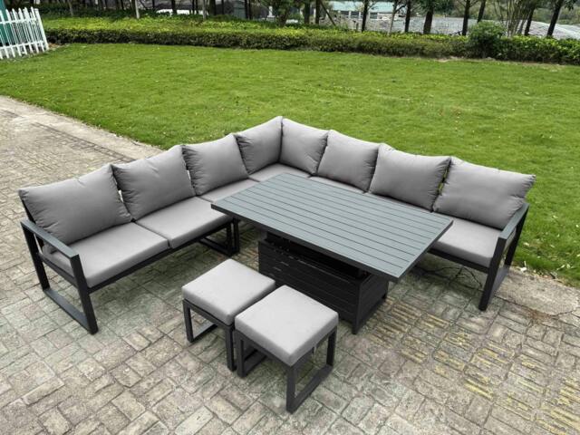 Rackhams 9 Seater Aluminium Garden Furniture Set with Adjustable Rising Dining Table 2 Footstools - Dark Grey