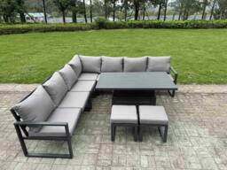 Rackhams 9 Seater Aluminium Garden Furniture Set with Adjustable Rising Dining Table 2 Footstools - Dark Grey - thumbnail 2