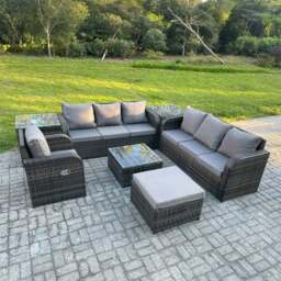 Rackhams 8 Seater Rattan Garden Furniture Set with Coffee Table, 2 Sofas, Reclining Chair, 2 Side Tables & Large Footstool - Dark Grey - thumbnail 1
