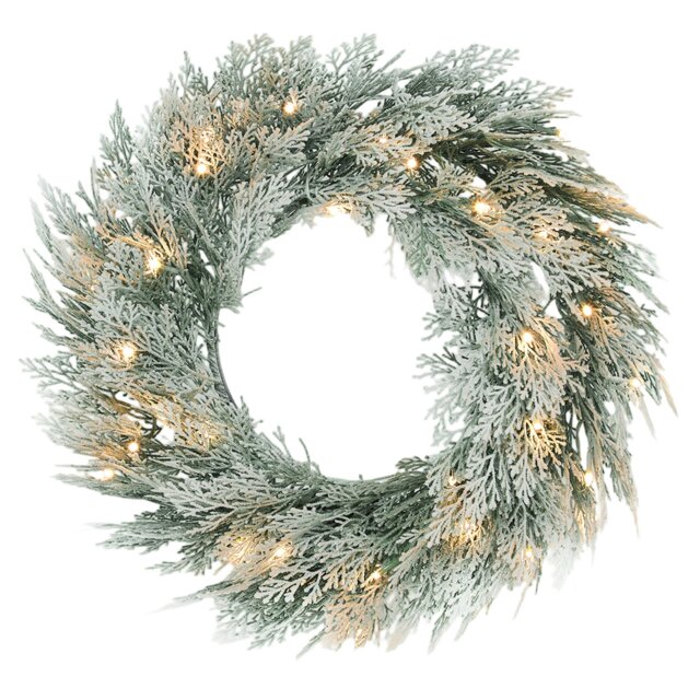 Rackhams 60 cm Prelit Christmas Wreath, Flocked Front Door Wreath with Timer - Green - PE, Metal - Christmas Wreath - image 1