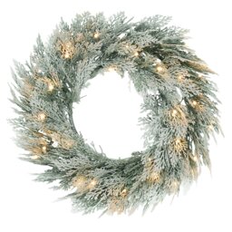Rackhams 60 cm Prelit Christmas Wreath, Flocked Front Door Wreath with Timer - Green - PE, Metal - Christmas Wreath