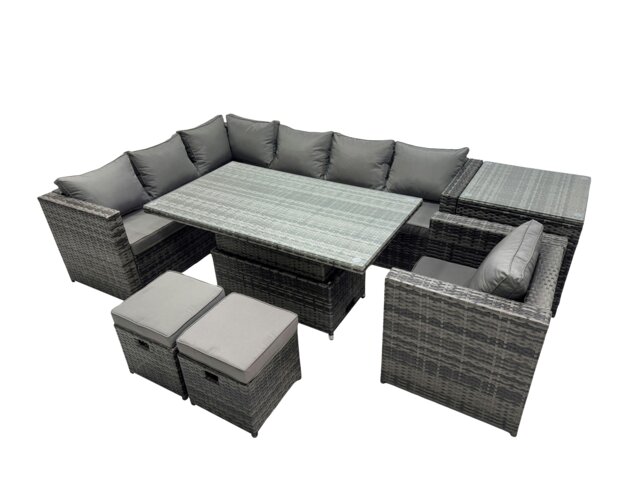 Rackhams 9 seater Height Adjustable Rising Table Corner Sofa Set Rattan Garden Furniture Dining Set with 2 Small Stool Side Table Dark Grey Mixed - image 1