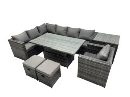 Rackhams 9 seater Height Adjustable Rising Table Corner Sofa Set Rattan Garden Furniture Dining Set with 2 Small Stool Side Table Dark Grey Mixed - thumbnail 1