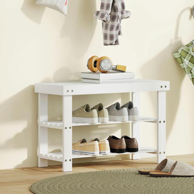 Rackhams 3-Tier Bamboo Shoe Bench with 2 Shelves for Entryway, White - White - Bamboo - 1 - image 1
