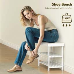 Rackhams 3-Tier Bamboo Shoe Bench with 2 Shelves for Entryway, White - White - Bamboo - 1 - thumbnail 5
