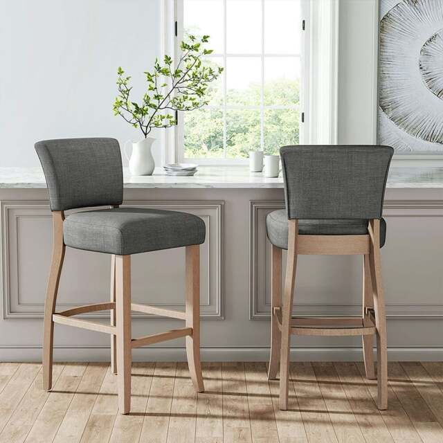 Rackhams Set of 2 Linen Upholstered Bar Stools with Natural Wood Legs - Light Grey - image 1