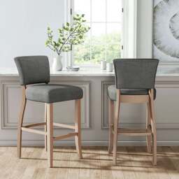Rackhams Set of 2 Linen Upholstered Bar Stools with Natural Wood Legs - Light Grey - thumbnail 1