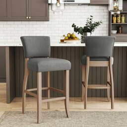 Rackhams Set of 2 Linen Upholstered Bar Stools with Natural Wood Legs - Light Grey - thumbnail 2