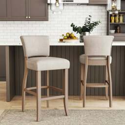 Rackhams Set of 2 Linen Upholstered Bar Stools with Natural Wood Legs - Light Grey - thumbnail 5