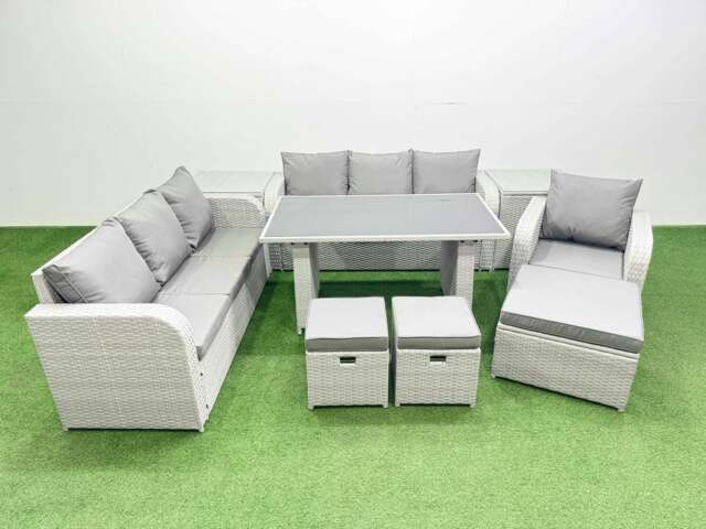 Rackhams Rattan Garden Furniture Dining Set 10 seater Patio Rectangular Table Sofa Set with 2 Side Tables 3 Stools Light Grey - image 1