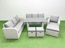 Rackhams Rattan Garden Furniture Dining Set 10 seater Patio Rectangular Table Sofa Set with 2 Side Tables 3 Stools Light Grey - thumbnail 1