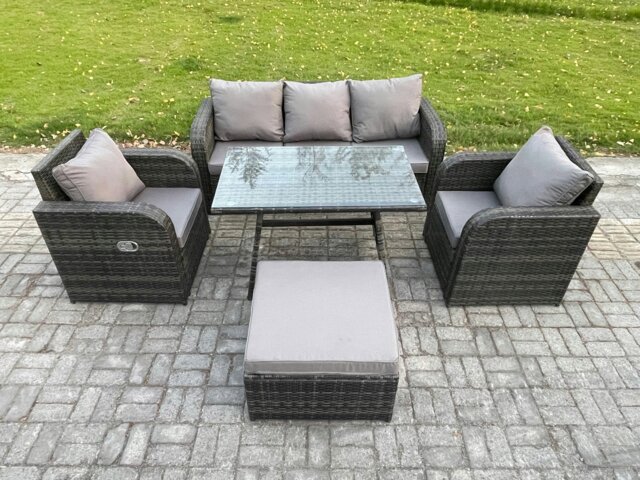 Rackhams Rattan Wicker Garden Furniture Patio Conservatory Sofa Set with Rectangular Dining Table Reclining Chair 3 Seater Sofa Big Footstool - image 1