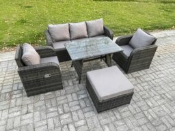 Rackhams Rattan Wicker Garden Furniture Patio Conservatory Sofa Set with Rectangular Dining Table Reclining Chair 3 Seater Sofa Big Footstool - thumbnail 2