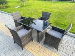Rackhams Rattan Garden Furniture Dining Set 4-seater Patio Black Glass Table Chairs Outdoor Dark Grey Mixed