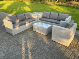 Rackhams Light Grey Outdoor Rattan Garden Furniture Set Corner Sofa Set Oblong Square Coffee Table Armchair - thumbnail 1