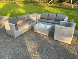 Rackhams Light Grey Outdoor Rattan Garden Furniture Set Corner Sofa Set Oblong Square Coffee Table Armchair - thumbnail 3