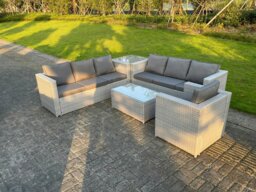 Rackhams Light Grey Outdoor Rattan Garden Furniture Set Corner Sofa Set Oblong Square Coffee Table Armchair - thumbnail 2