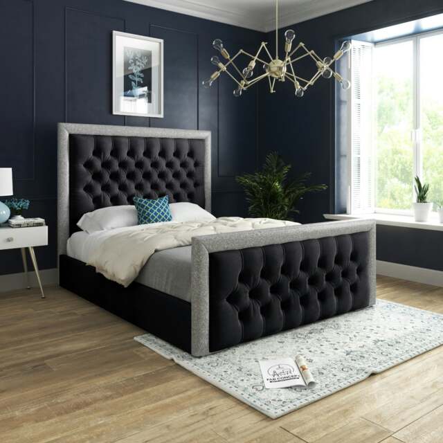 Rackhams Venice Glitter Border Upholstered Soft Velvet Bed Frame - Black - Black - Double - image 1