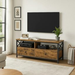 Rackhams Industrial TV Stand for 55-Inch TV – Cabinet with 2 Drawers & Open Storage Shelves