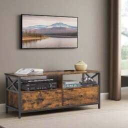 Rackhams Industrial TV Stand for 55-Inch TV – Cabinet with 2 Drawers & Open Storage Shelves - thumbnail 2