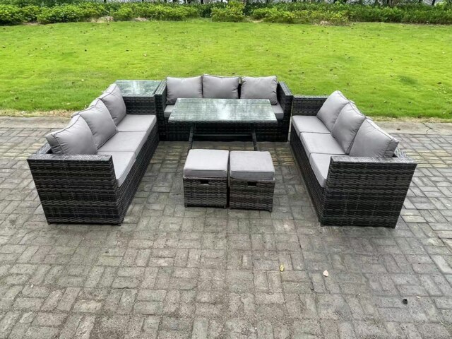 Rackhams Rattan Outdoor Furniture Lounge Sofa Garden Dining Set with Dining Table Side Table 2 Small Footstools 11 Seater Dark Grey Mixed - image 1