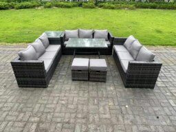 Rackhams Rattan Outdoor Furniture Lounge Sofa Garden Dining Set with Dining Table Side Table 2 Small Footstools 11 Seater Dark Grey Mixed - thumbnail 1