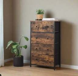 Rackhams Chest of Drawers – 5-Drawer Fabric Storage Organizer Unit with Wood Handles