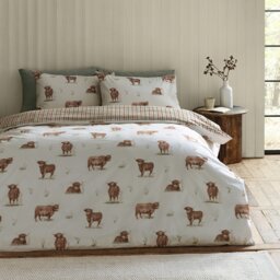 Rackhams Angus Highland Cow Reversible Duvet Cover Set Natural - Double - Natural