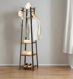 Rackhams Industrial Coat Rack with Hooks and 3-Tier Storage Shelves – Black & Rustic Brown