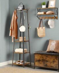 Rackhams Industrial Coat Rack with Hooks and 3-Tier Storage Shelves – Black & Rustic Brown - thumbnail 2