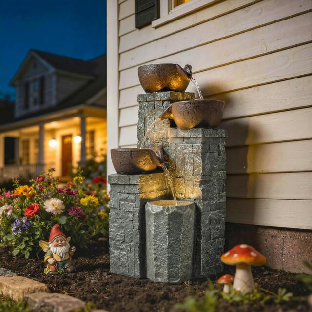 Rackhams 4-Tier Outdoor Fountain with LED Lights, Grey and Rustic Brown - Grey and Rustic Brown - 26 x 25 x 50 cm - 1 - image 1