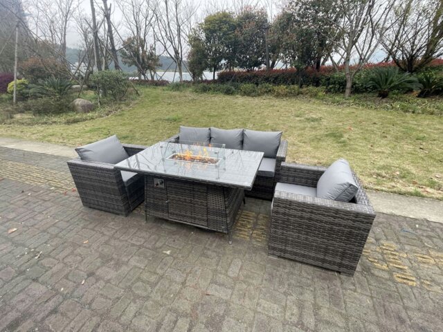 Rackhams 5 Seater Outdoor PE Rattan Garden Furniture Gas Fire Pit Dining Table Lounge Sofa 2 PC Armchairs Dark Grey Mixed Patio - image 1
